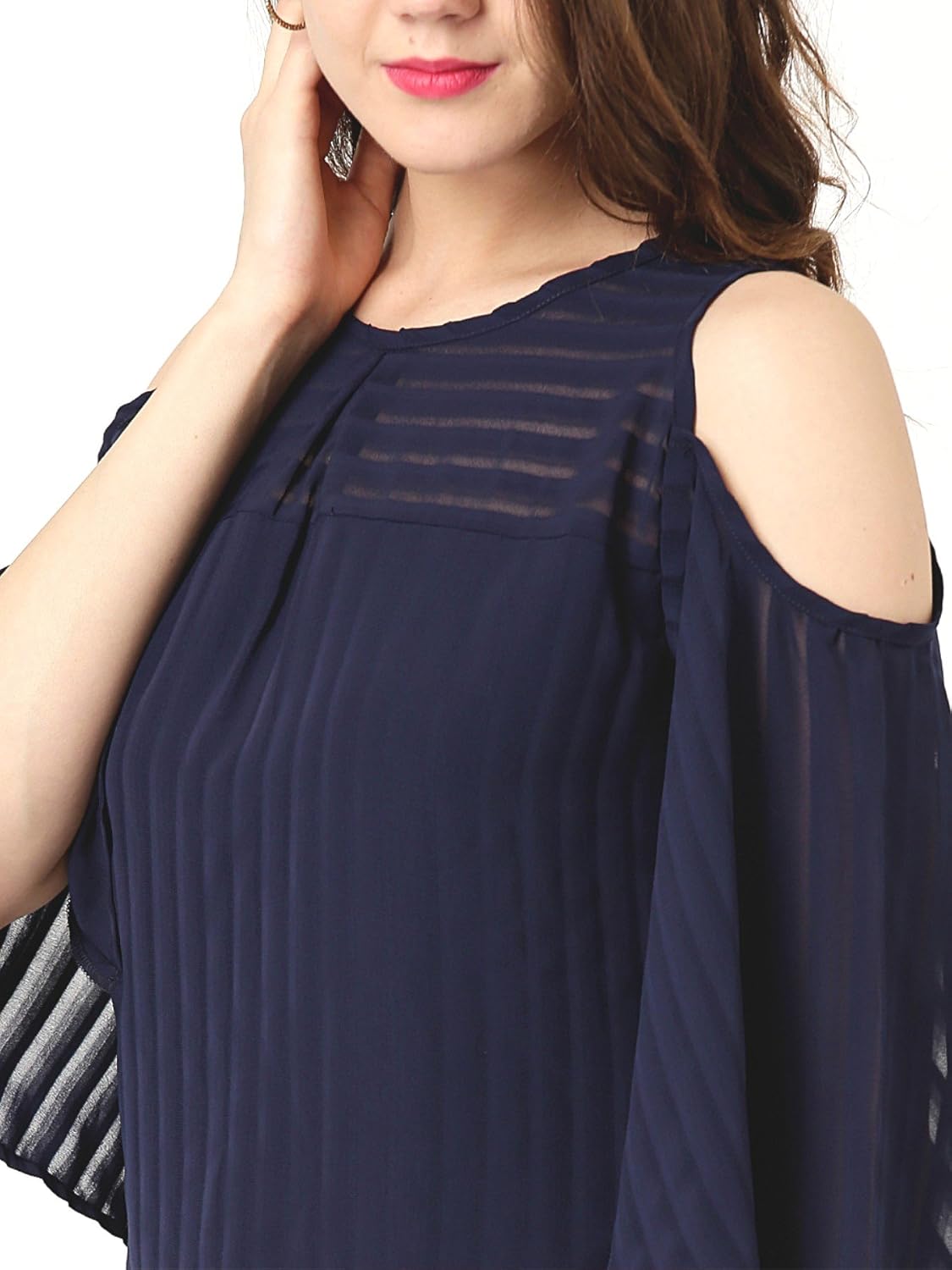 marie claire women navy self-striped cold shoulder top (mc10270)