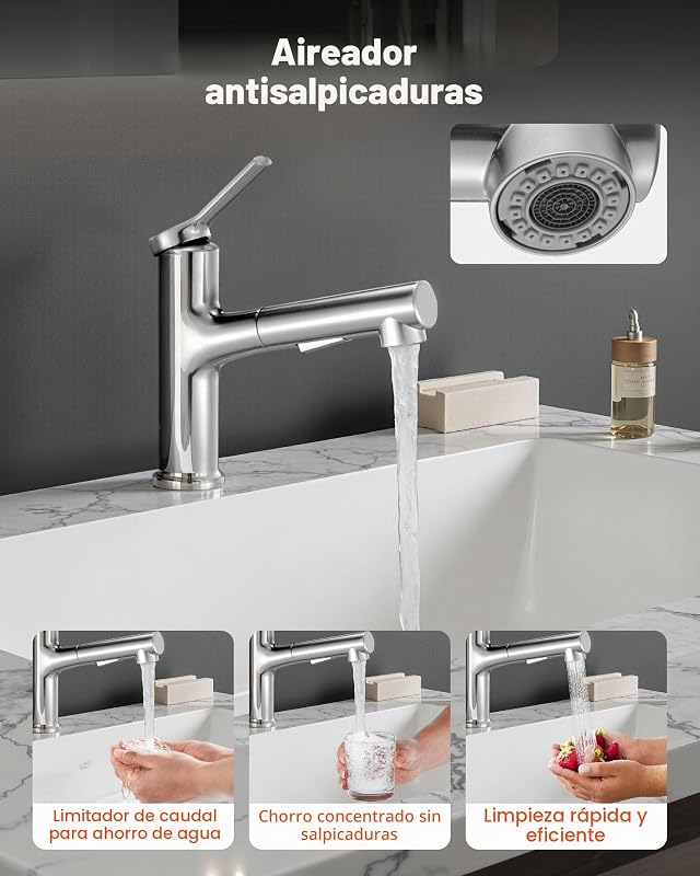 Grifo de Lavabo en Níquel Cepillado y Acero Inoxidable, Grifo de Cocina con Rociador Extraíble, Mezclador Monomando para Baño, Caravana, Bar, Resistente a la Corrosión, 260 x 210 x 52 mm