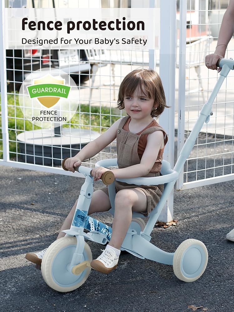 newyoo Lume TR008 Tricycle for Toddlers 1-3, 5-in-1 Push Trike with Parent Handle & Safety Guard, Convertible Balance Bike, Ideal Birthday, Coastal