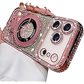 AuroiCCY Magnetic Ring Stand Glitter Case for iPhone 17 Pro, (Compatible with Magsafe) Luxury Bling Diamond Rhinestones Cover with Camera Lens Protector for Women Girls for iPhone 17 Pro, Pink