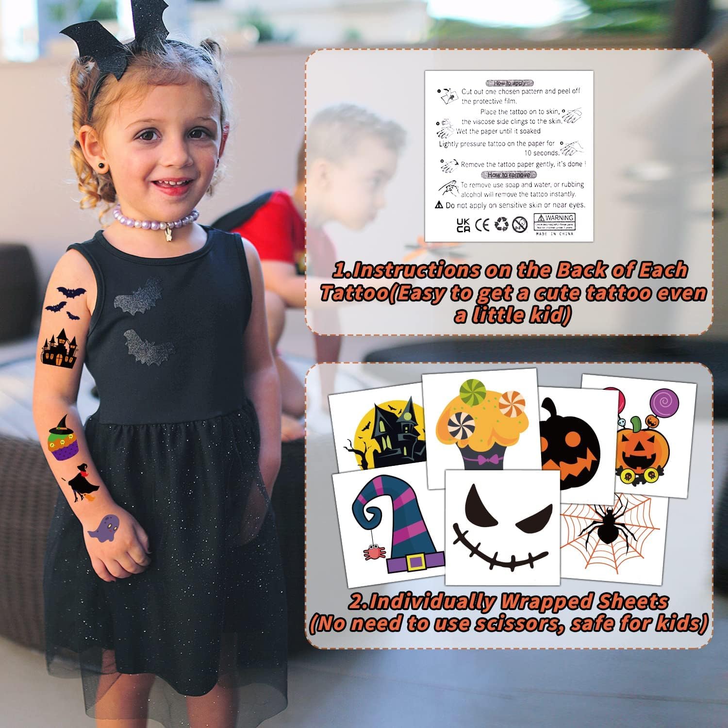 Partywind 204 Individually Wrapped Sheets Halloween Tattoos for Kids Party Supplies, Halloween Pumpkin Decorations, Halloween Treats Goodie Bag Stuffers for Boys and Girls