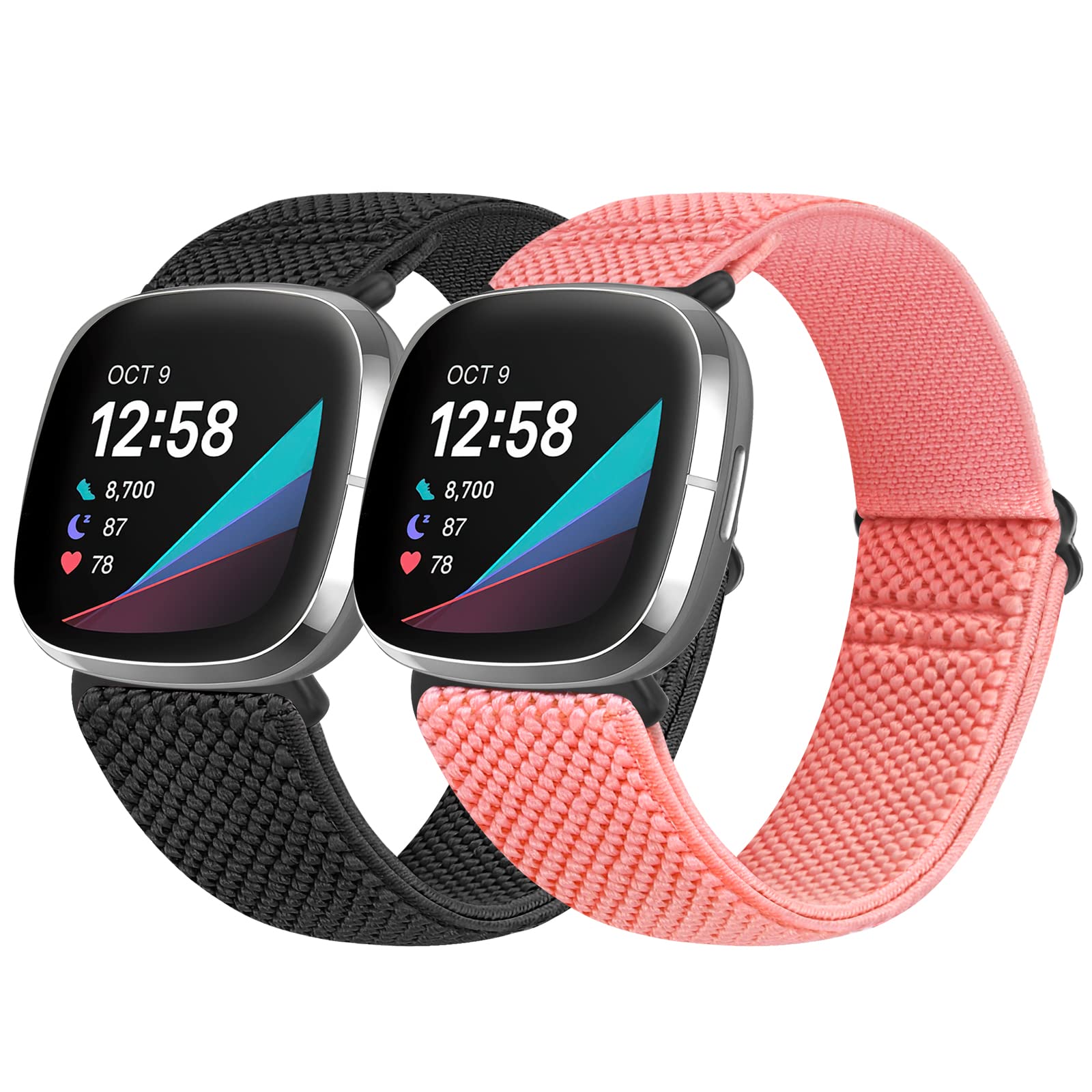 Vodtian Elastic Nylon Loop Straps Compatible with Fitbit Sense 2/Fitbit Sense/Fitbit Versa 4/Fitbit Versa 3 Strap, Adjustable Soft Stretchy Sport Braided Replacement Wristband for Men Women, 2 Pack