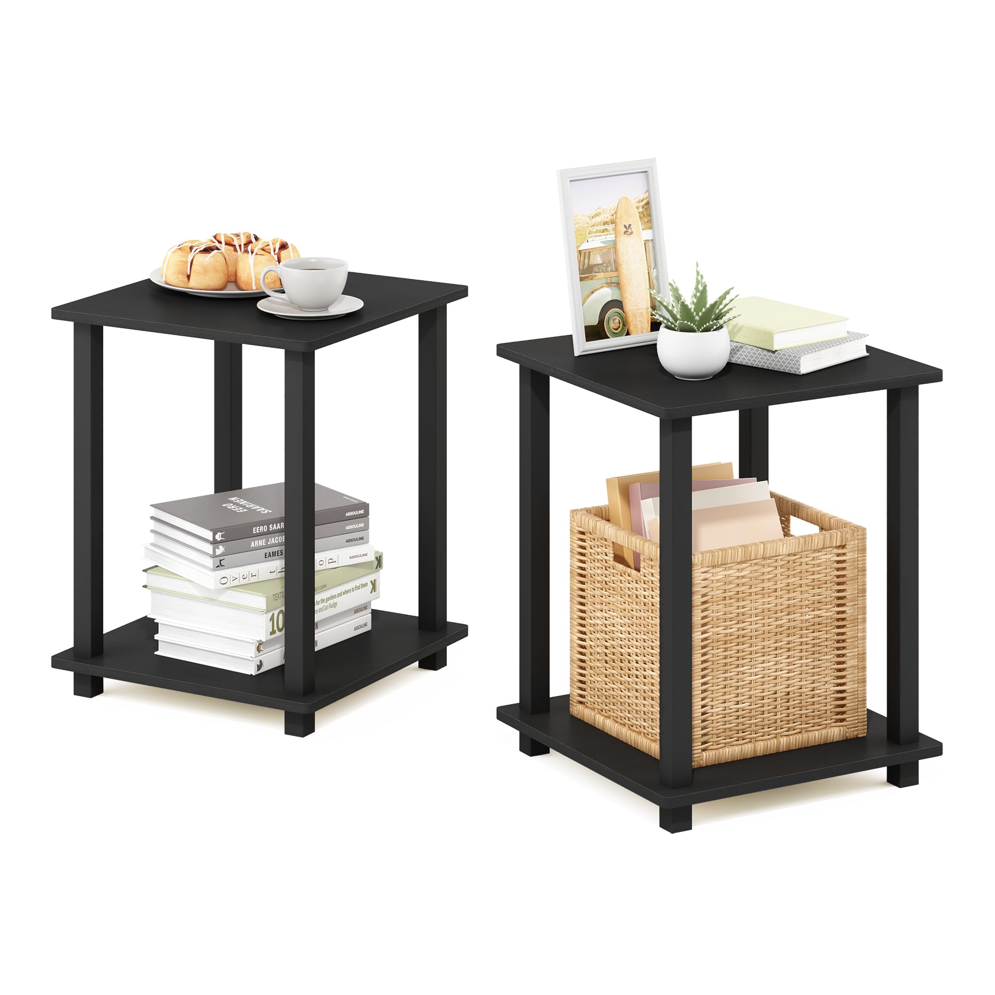 Furinno SIMPLISTIC Side Table Set of 2, 2-Tier End Table, Nightstand, Night Stand, Bedside Table, Easy Assembly, for Living Room, Bedroom, Americano