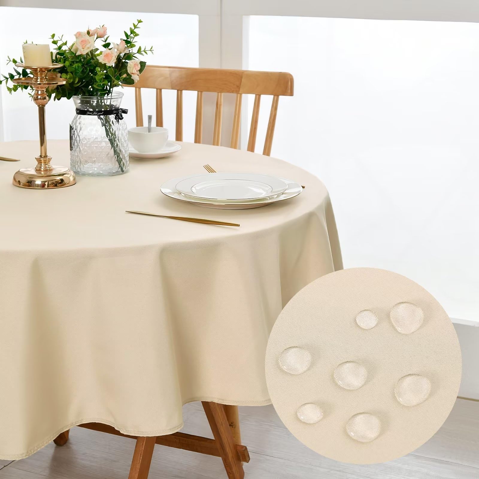 DWCN Round Tablecloth 180 Diameter Beige Table cloth Wipe Clean Wipeable Tablecloths Round Table Cloth Polyester — image 1