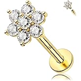 Melighting 14K Solid Gold Cartilage Earring - 16G Gold Flower Helix Piercing Jewelry - Internally Threaded Curved CZ Flat Back Earring - 8mm