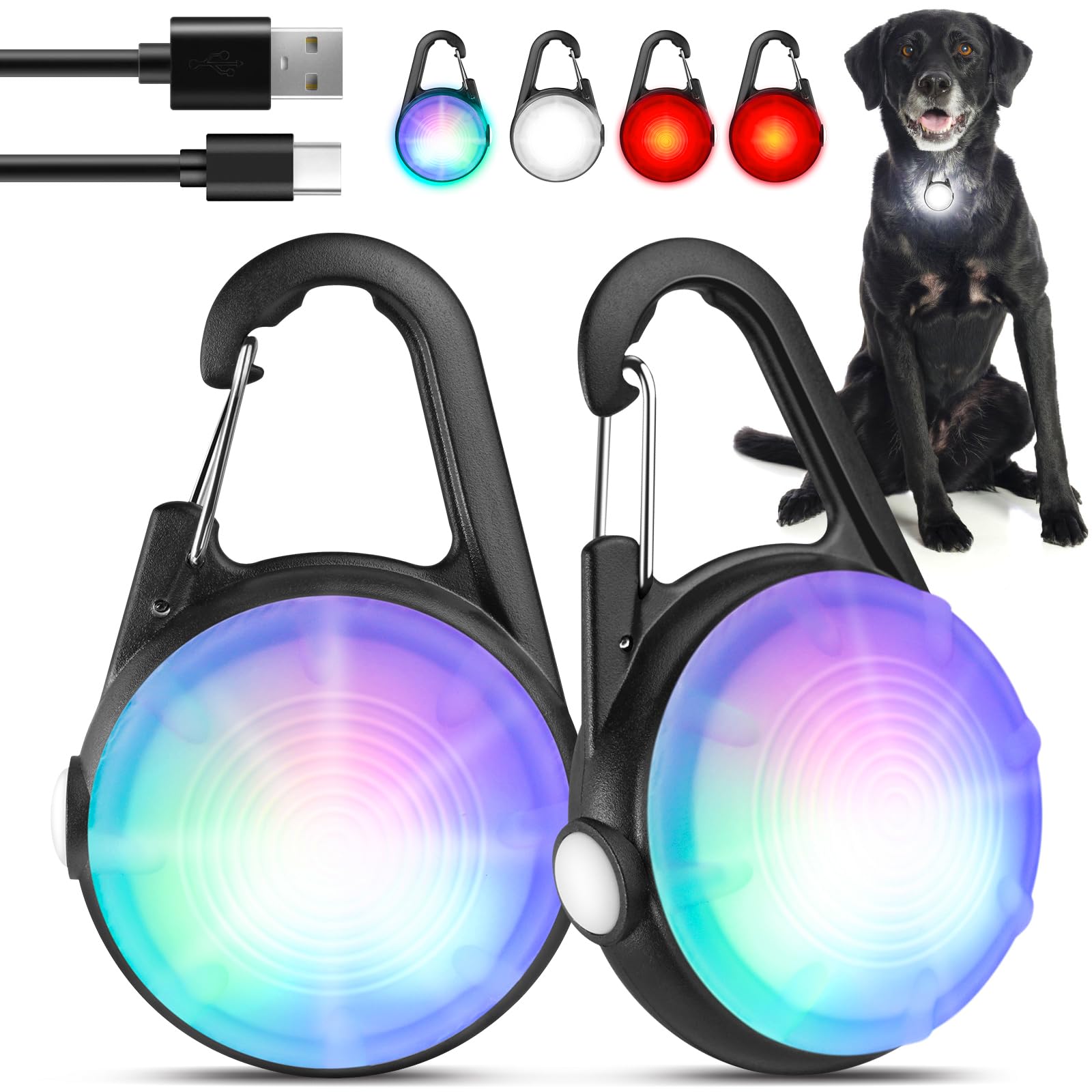 MEDT Dog Lights for Night Walking 2Pack LED Rechargeable Dog Collar Lights Clip on with RGB Color for Night Walking Camping