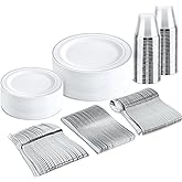 bUCLA 150-Piece Silver Disposable Dinnerware Set - White Plastic Plates with Silver Rim - Include 25 Dinner Plates, 25 Dessert Plates, 25 Forks, 25 Knives, 25 Spoons & 25 Cups for Party & Christmas