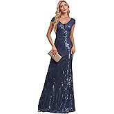 XUIBOL Womens Sequined Short Sleeves Long Formal Dress with V-Neck for Evening Event Nightout Club Gown Silver Paillette