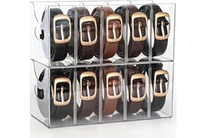 Rusnugic Belt Organizer - 2 Pack Clear Stackable Belt holder For Closet Drawer Storage - 5 Compartments with Removable Dividers, Multi-Purpose Display Bins With Inserts For Ties,Socks,underwear (2)