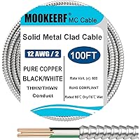 MOOKEERF 12/2 MC Cable with Ground - 100FT Pure Copper 12AWG/2 Metal Clad Wire with Aluminum Armor 12 Gauge 2 Conductor Type 
