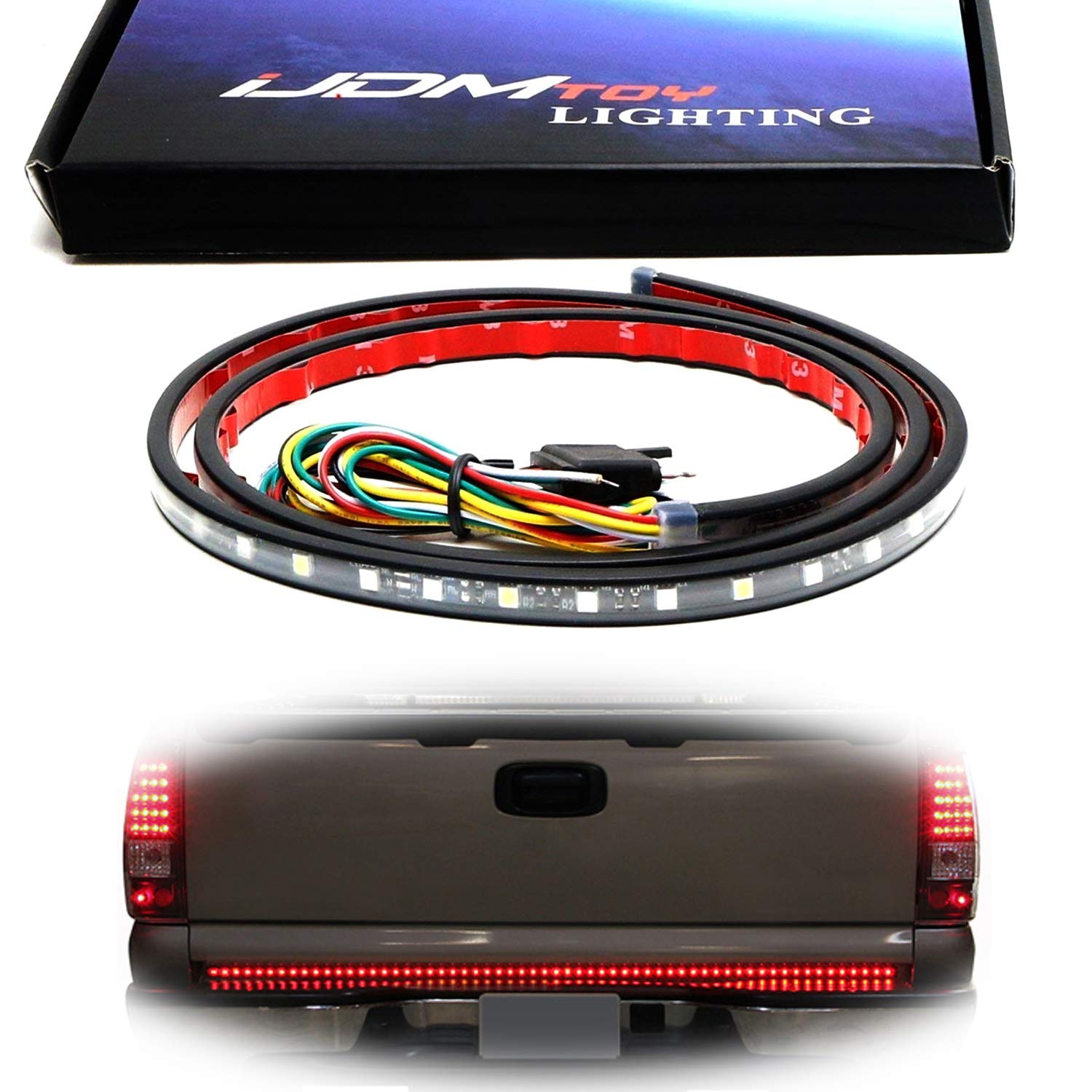 iJDMTOY Red/White 60-Inch Trunk Tailgate Tail Gate LED Light Bar For Backup Reverse Brake, Turn Signal Light Functions For Ford GMC Chevy Dodge Toyota Nissan Honda Truck SUV 4x4