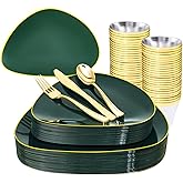 DaYammi 180Pcs Green Plastic Plates, Green Gold Disposable Plates with Gold Silverware Dinnerware Set Include: 30 Dinner Plate,30 Dessert Plate,90 Plastic Cutlery,30 Cups for St. Patrick's Day Party