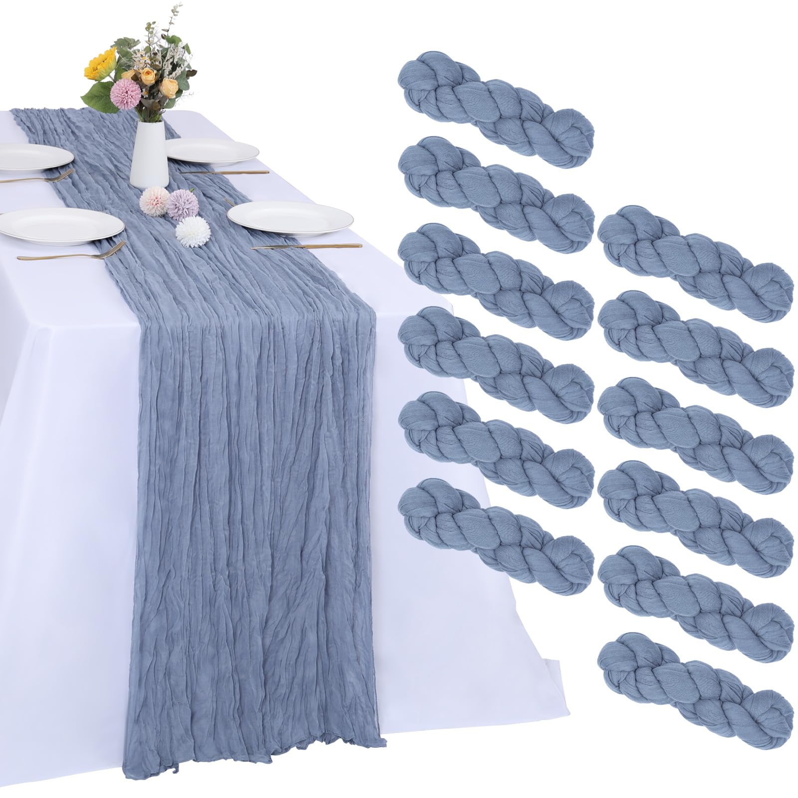 Photo 1 of RestfulGlow 12 Pack Dusty Blue Cheesecloth Table Runner 10FT Boho Gauze Fabric Table Runner 35 x 120 Inch Rustic Sheer Runner for Centerpiece Wedding Decor Party Boho Table Decoration?Dusty Blue?