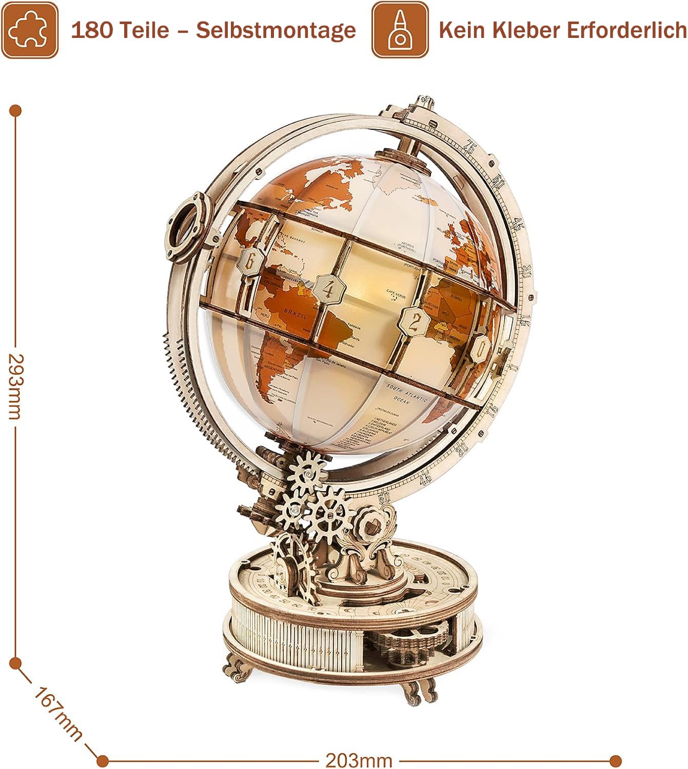ROKR 3D Puzzle Holz Erwachsene, Holzpuzzle Modell Leuchtglobus Modellbau Bastelset Erwachsene mit LED Licht Weltkugel Bausatz Drehbar Luminous Globe Holzbausatz als Deko, Geschenk (180 Teilen) 6