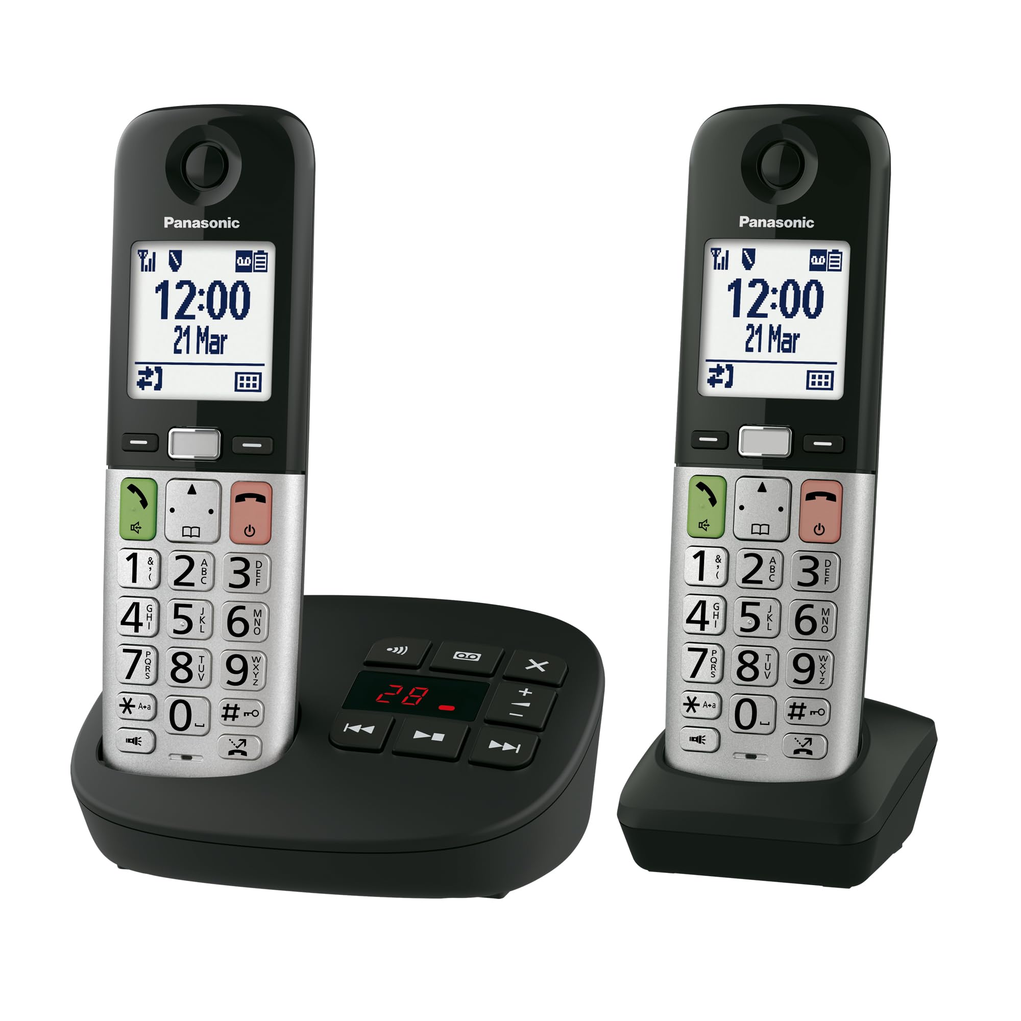 Panasonic KX-TGU432EB Digital Cordless Landline Phone with Answering Machine, Base Unit & 2 Handsets, LCD Display, Fav Call, Torchlight, Hearing Aid Compatible, Black & Silver