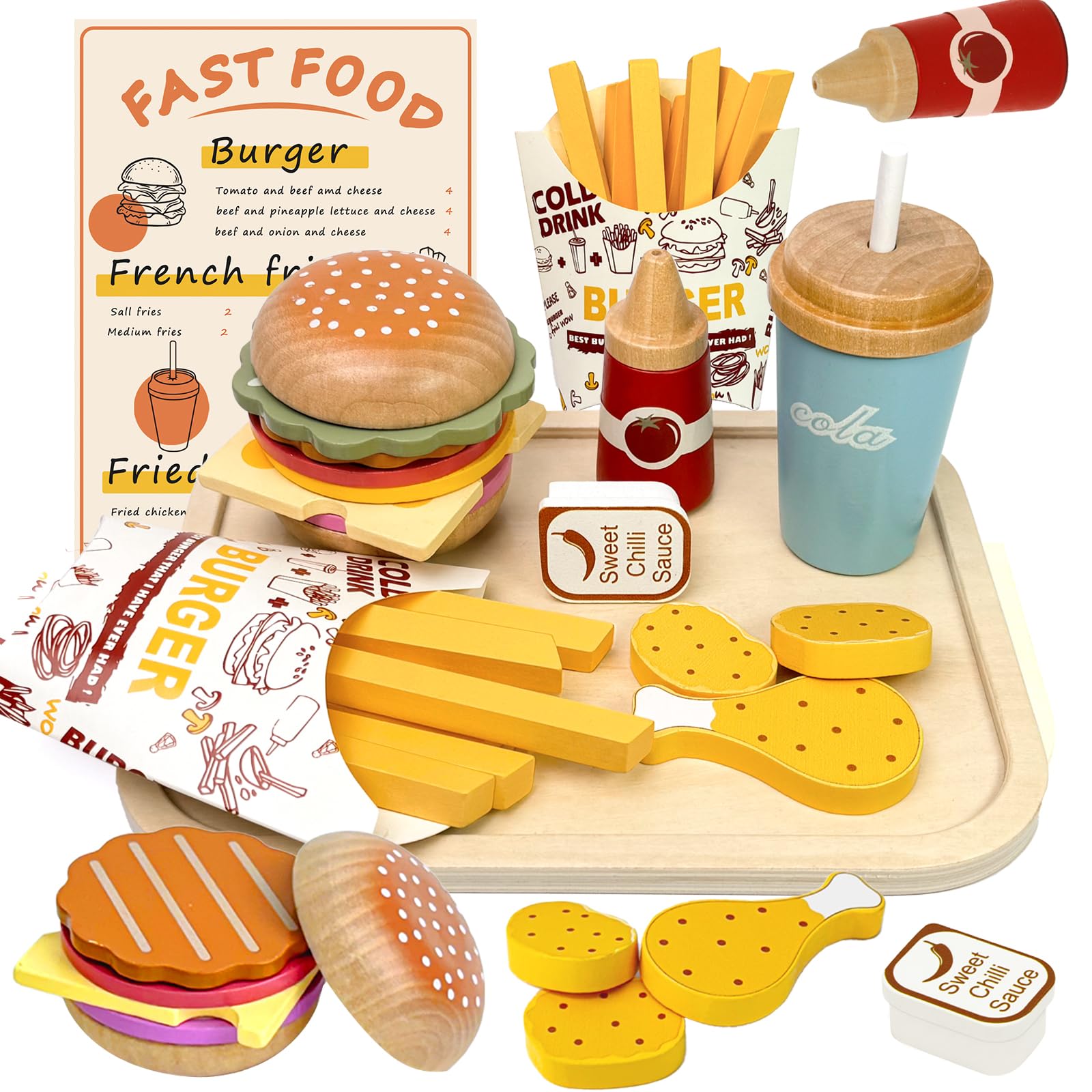 Masonbaby Wooden Play Food Set for Children, Pretend Fast Food Playset, Wooden Hamburger French Fries Toy, Play Kitchen Accessories for Toddlers, Educational Toys Gift for Boys Girls