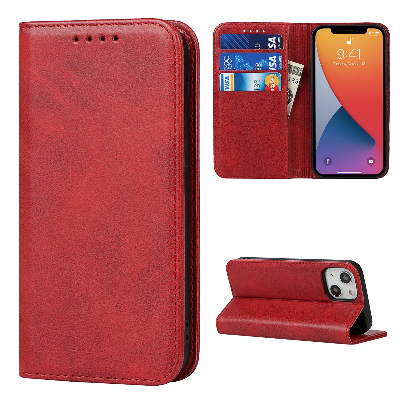 Copmob iPhone 13 Mini Case, Flip Wallet Leather Case [3 Slots] [Magnetic Closure] Flip Cover Case for iPhone 13 Mini – Red