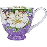Yaparhill 16oz Bone China Coffee Mug Floral Bone Mug Cute Coffee Mug Teacup for Women Mom Friend (Romantic Purple)