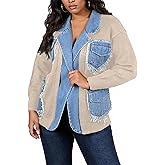 Tbahhir Women's Denim Patchwork Sweater Cardigan Open Front Chunky Knit Outwear Casual Jacket Coat with Pockets