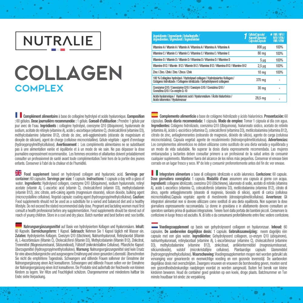 Collagen Hyaluronic Acid - Hydrolysed + Biotin and Q10 - Vitamins C, D, B12 and Zinc - Collagen Complex - 60 Capsules Nutralie - Image 3