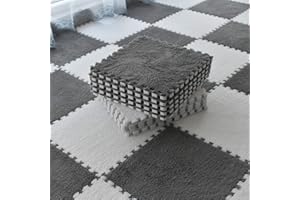 Smabee Interlocking Carpet Shaggy Soft EVA Foam Mats Fluffy Area Rugs Protective Floor Tiles Exercise Play Mat for Children Kids Room Home Parlor Bedroom (6 pcs White + 6pcs Gray)