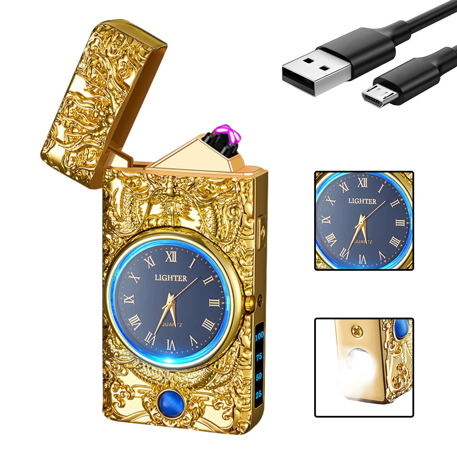 SKRFIRE Dragon Electric Arc Lighter - Windproof, Metal with LED Lighting, Candle Lighter for Men, Parents, Friends, Holidays (Gold)