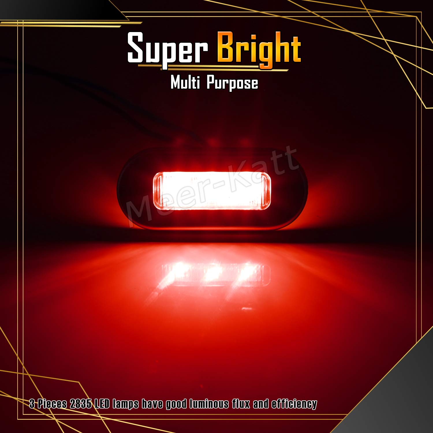 Meerkatt (Pack of 10) 3 Inch Oblong Amber LED Marine Courtesy Light Sealed Flush Mount Clearance Lamp for Yacht Stair Deck Garden Boat RV Cabin Truck Waterproof 12V DC with Chrome Stainless Bezel UV12