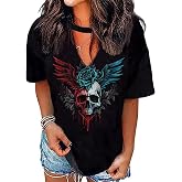 Cute Criss-Cross Hollow Out T-Shirt Women Funny Floral Graphic Print Shirt Casual Short Sleeve Vacation Tops