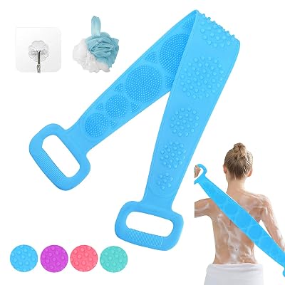 WISHDIAM Back Scrubber for Shower, Silicone Bath Towel, Silicone Body Scrubber, Upgraded Soft Silicone Bath Body Brush with Hooks and Bath Ball, Easy to Clean and Improve Blood Circulation (Blue) 