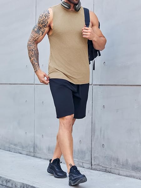ZIWOCH MEN’S SLEEVELESS TANK TOPS CREWNECK SOLID LOOSE FIT SHIRT KHAKI