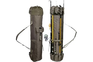 DONQL Fishing Rod Bags Outdoor Fishing Pole Holders Multifunction Camping Portable Canvas Backpack Case Fish Rod Storage Bag Fishing Rod Case Holding 5 Poles & Fishing Tackles (Khaki)