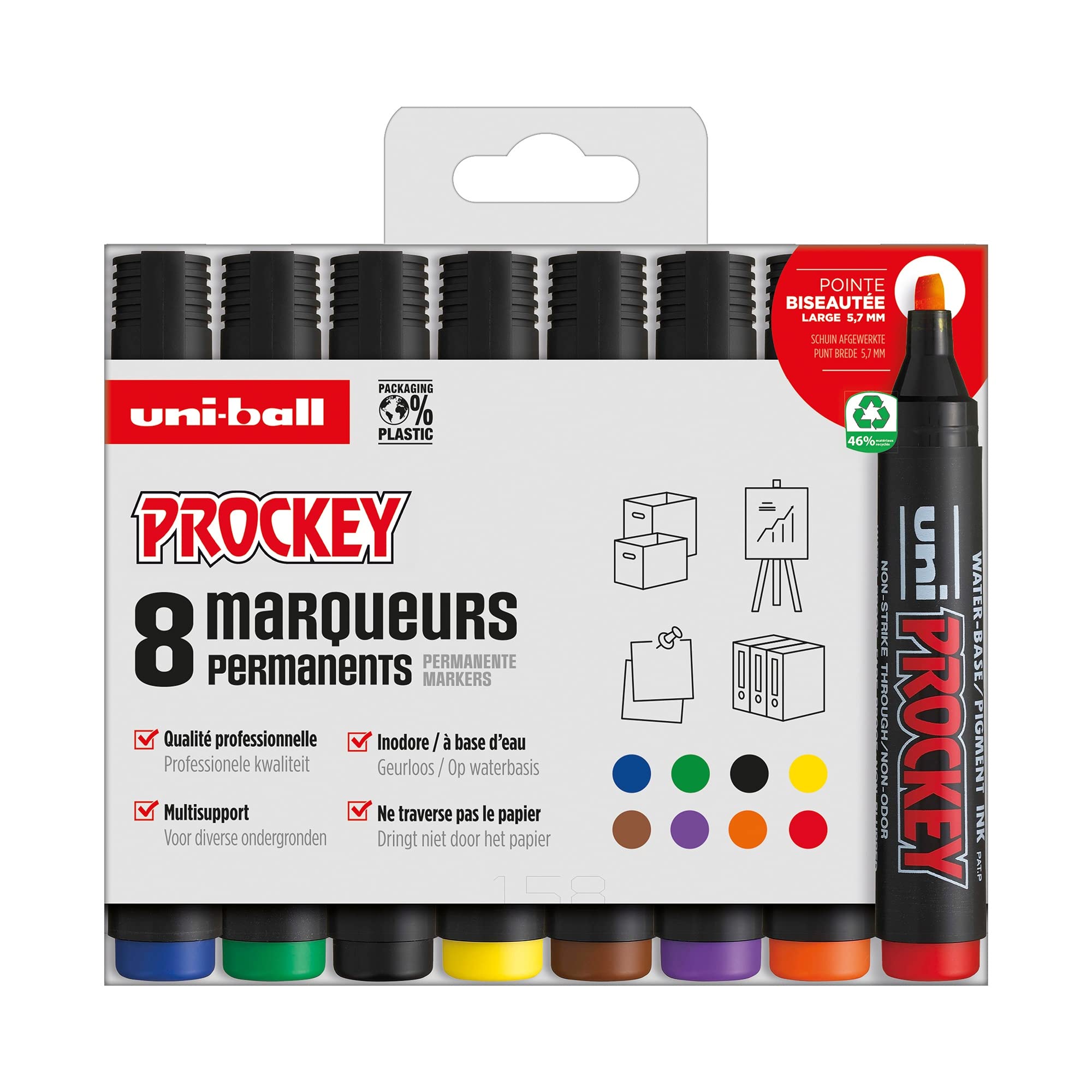 Uni-Ball Uni Prockey Uni Mitsubishi Pencil Permanent Marker Pen, Odourless PM126 – Multi-Holder, Odourless Water Base, Large Bevelled Tip 5.7 mm – Pack of 8 Colours