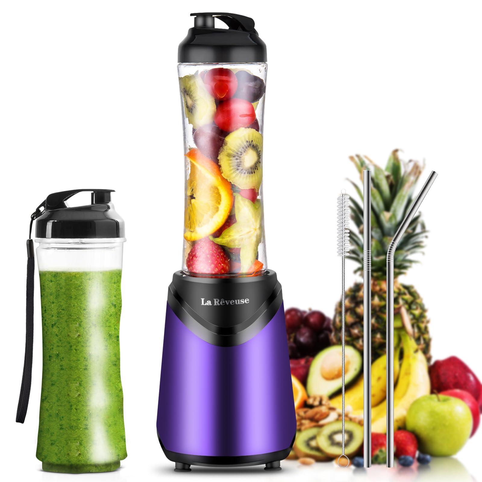 Photo 1 of La Reveuse Smoothie Blender Personal Size 300 Watts with 2 Pieces 18 oz BPA-free Travel Sports Bottles,Purple