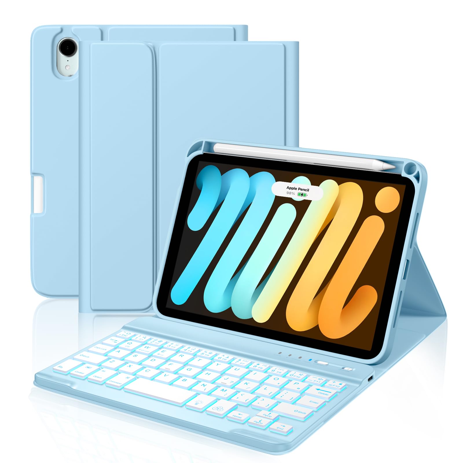 Photo 1 of Cousper for iPad mini 7 Keyboard Case A17 Pro 2024/iPad Mini 6 Generation Case with Keyboard 2021 8.3 Inch, Pencil Holder, 7 Color Backlit Detachable Keyboard Cover for iPad mini 7th/6th Gen,Sky Blue