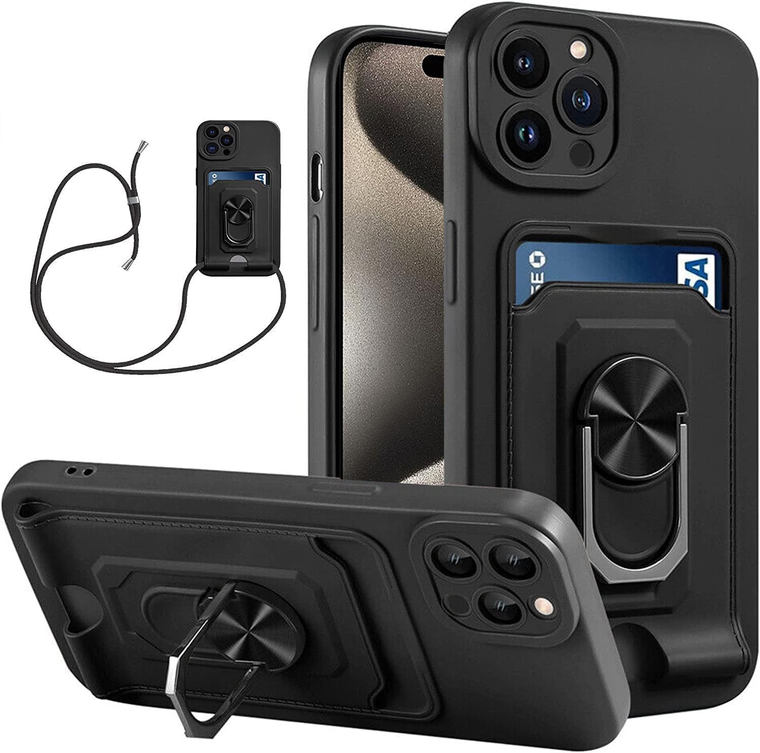 KP TECHNOLOGY iPhone 15 Pro Max Case, iPhone 15 Pro Max Crossbody Lanyard Strap Silicone Case with Card Holder, Magnetic Ring Shockproof Protective Case for iPhone 15 Pro Max (BLACK)