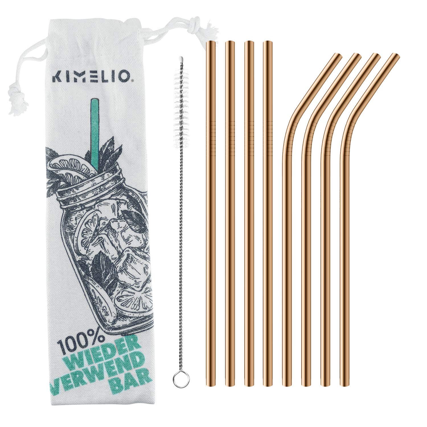 Kimelio 304 stainless steel straws, set including 6 metal drinking straws + cleaning brush, reusable, environmentally friendly, BPA LFGB tested, black/silver/rose gold., Rose gold, 4x gerade + 4x gebogen 6x215mm