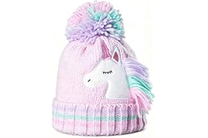 Gealaek Kids Winter Hat with Pom Pom, Toddler Beanie with Warm Fleece Lined, Pink Cute Girls Snow Cap