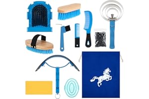 Abbylike 12 Pieces Horse Grooming Kit Racing Festival Tack Room Supplies Horse Brush Sets Equine Care Cleaning Kit Shedding Grooming Massaging Tools(Blue)