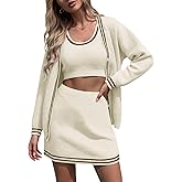 Fisoew Womens Sweater Sets Knit 3 Piece Casual Long Sleeve Button Cardigan High Waisted A Line Skirts Workout Lounge Set