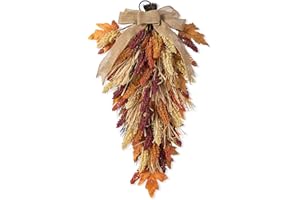 Glitzhome 28'' Artificial Fall Teardrop Swag, Autumn Harvest Multi-Colored Sorghum Door Swag, Hanging Flower Wreath for Thanksgiving Fall Front Door Window Wall Decor
