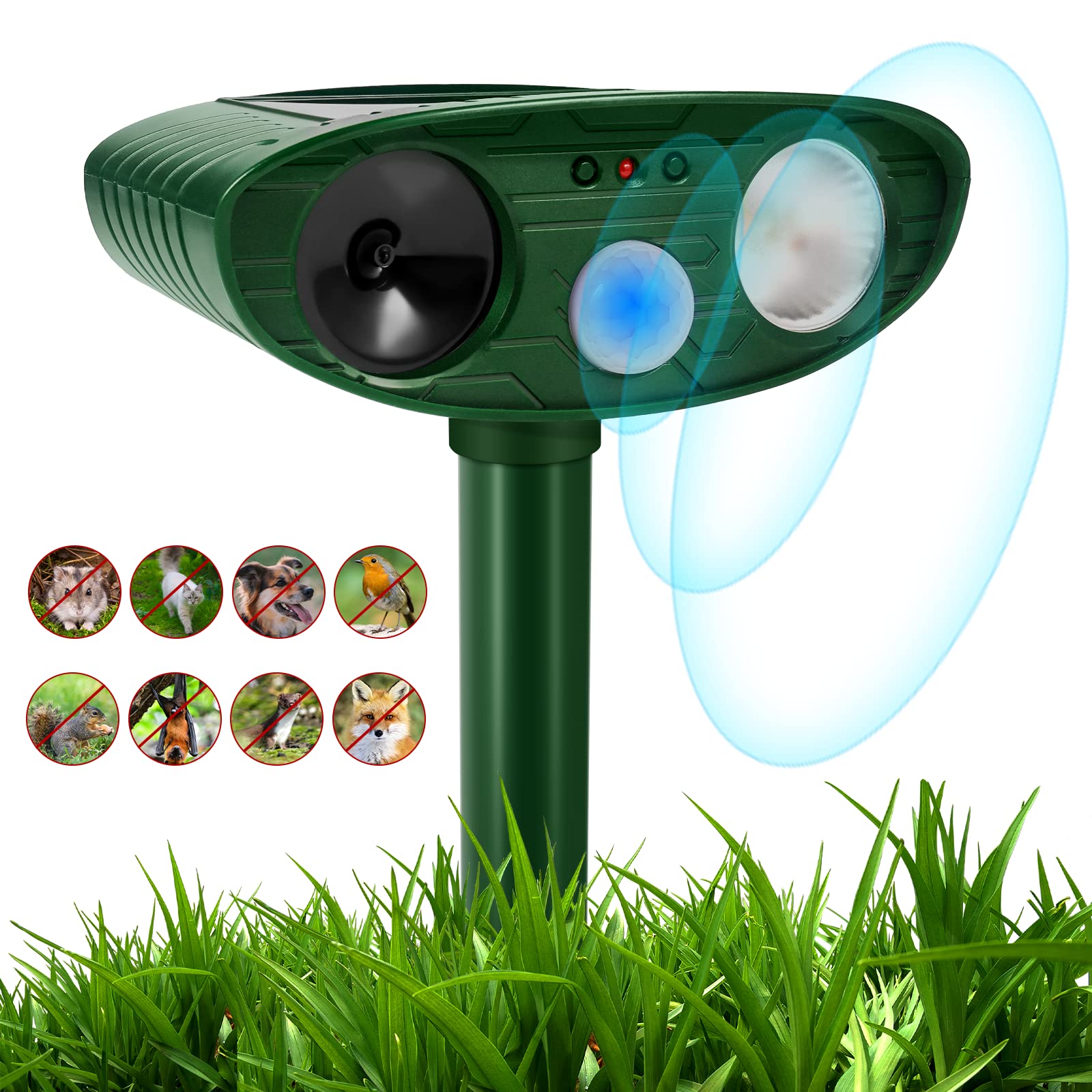 Cat Repellent, Solar Animal Repellent, Garden Waterproof, Ultrasonic Animal Repellent with LED Flash Light and PIR Motion Sensor Speaker, Used in Gardens to Drive Fox, Cat, Dog, Bird, Green-Q