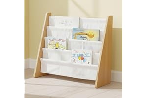 Humble Crew 4-Tier Kids Bookshelf, Natural Wood/White - Premium Book Shelf for Kids Rooms with Four Deep Pockets - Toddler Sling Book Rack with Deep Sleeves, Nursery Bookcase Organizer
