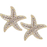 Mikovivi Gold Rhinestone Starfish Earrings, 1.38in Chic Boho Starfish Studs Appealing Jewelry Summer Beach Stylish Ocean Earrings for Women