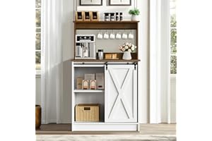 4 EVER WINNER Farmhouse Coffee Bar Cabinet with 6 Hooks, Coffee Bar Table with Sliding Barn Doors, Farmhouse Buffet Cabinet with Storage for Kitchen Dining Living Room, White