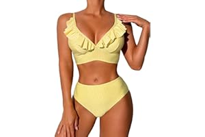 ZAFUL Women's Ruffle Bikini Sets High Waisted Striped V Neck High Cut Swimsuit Two Piece Bathing Suits