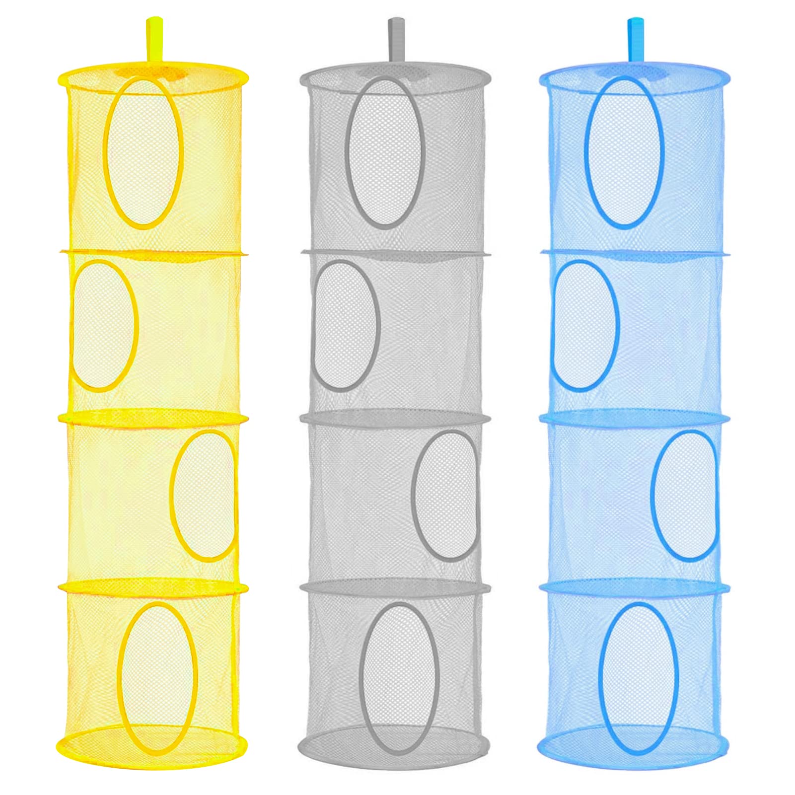 LIVEHITOP Hanging Toy Storage 4 Tier, 3 PCS Foldable Save Space Teddy Storage Mesh Basket for Kids Room, Bathroom, Balcony (Blue,Grey,Yellow)