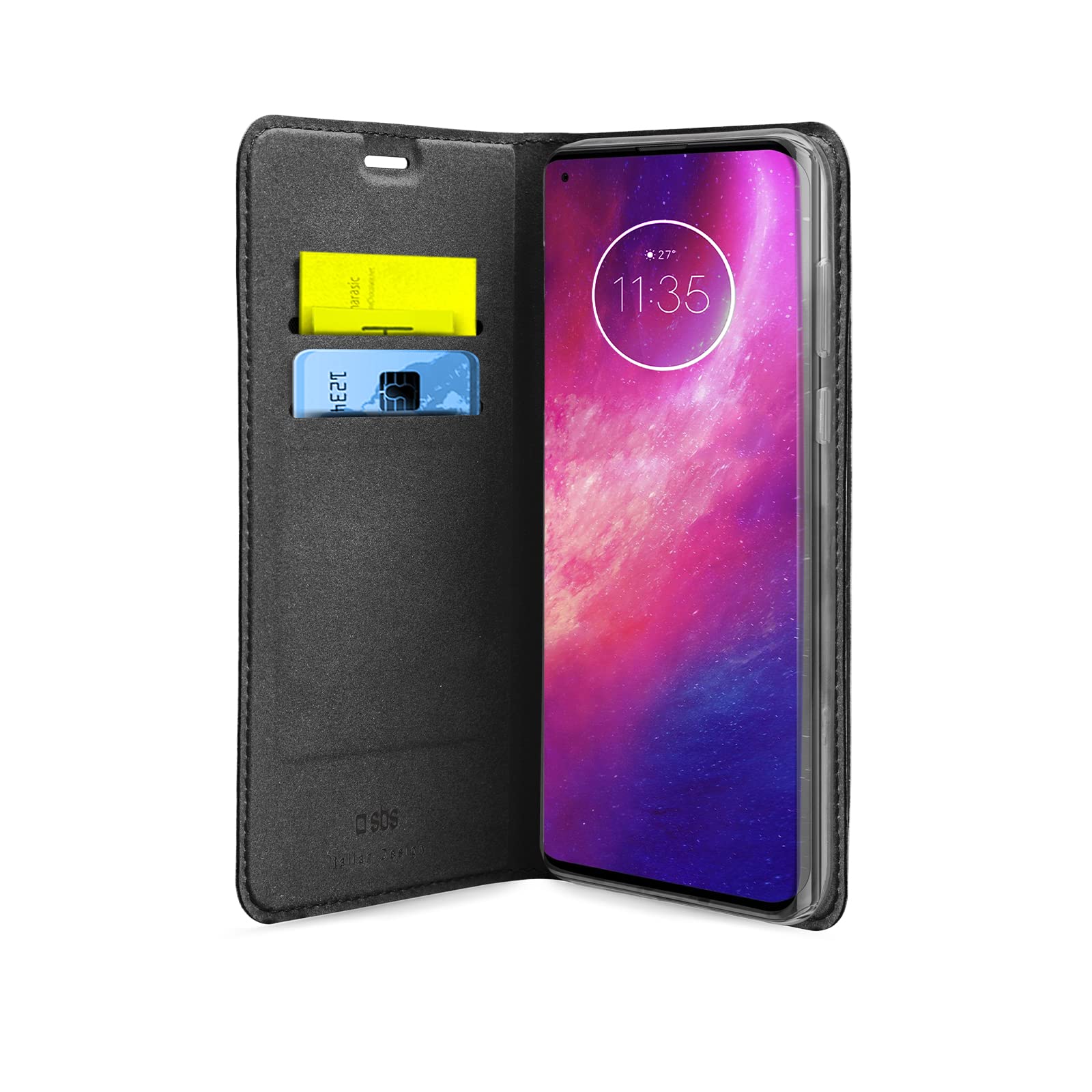 SBS Custodia a libro per Motorola Edge/Edge+, custodia book rigida con 2 tasche portatessere, chiusura magnetica, fondo in microfibra, nera