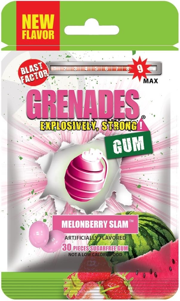 Grenades, Explosively Intense Sugar Free Chewing Gum, 12 Pack - MelonBerry