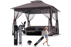 FUNG YARD Outdoor Pop Up Gazebo 10x10 - Instant Canopy Tent with Mosquito Nettings, Double Roof Vented Gazebos Tents Shelter for Backyard Shade Party Garden Lawns (Brown, 10x10)