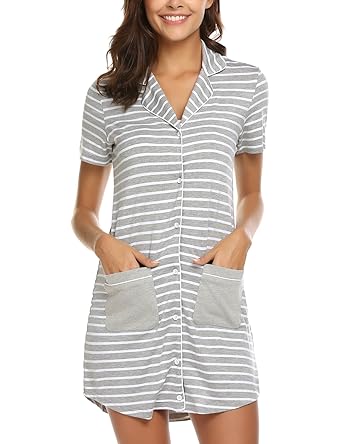 MAXMODA Damen Nachtwäsche Elegant Gestreiftes Nachthemd mit Kurzarm Schlafhemd mit Knopfleiste Homewear S-XL